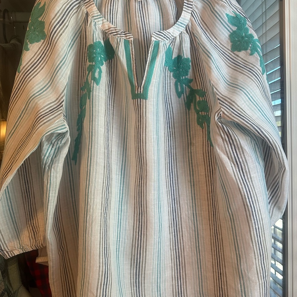 J. Jill Striped Tunic with Green Embroidery size large beige